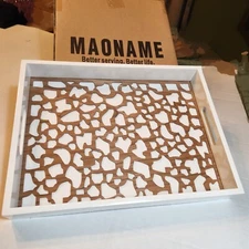 White With Brown Pattern Serving Tray with Handles Plastic 15.8"x11.8"