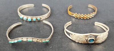 4 Native American Child Cuff Bracelets 3 Sterling Silver Turquoise Etched Design