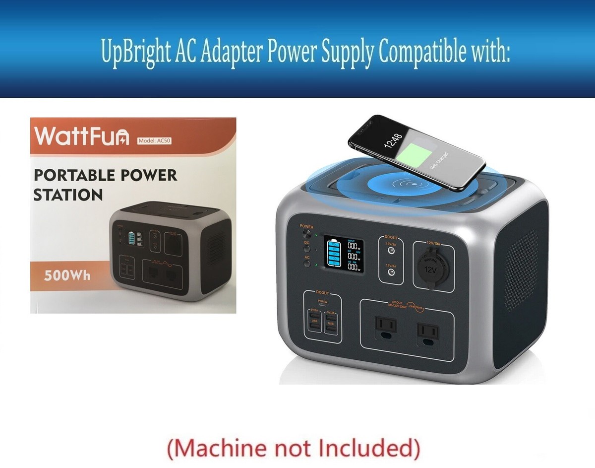 WattFun AC50 500Wh Portable Power Station AC Adapter or Car