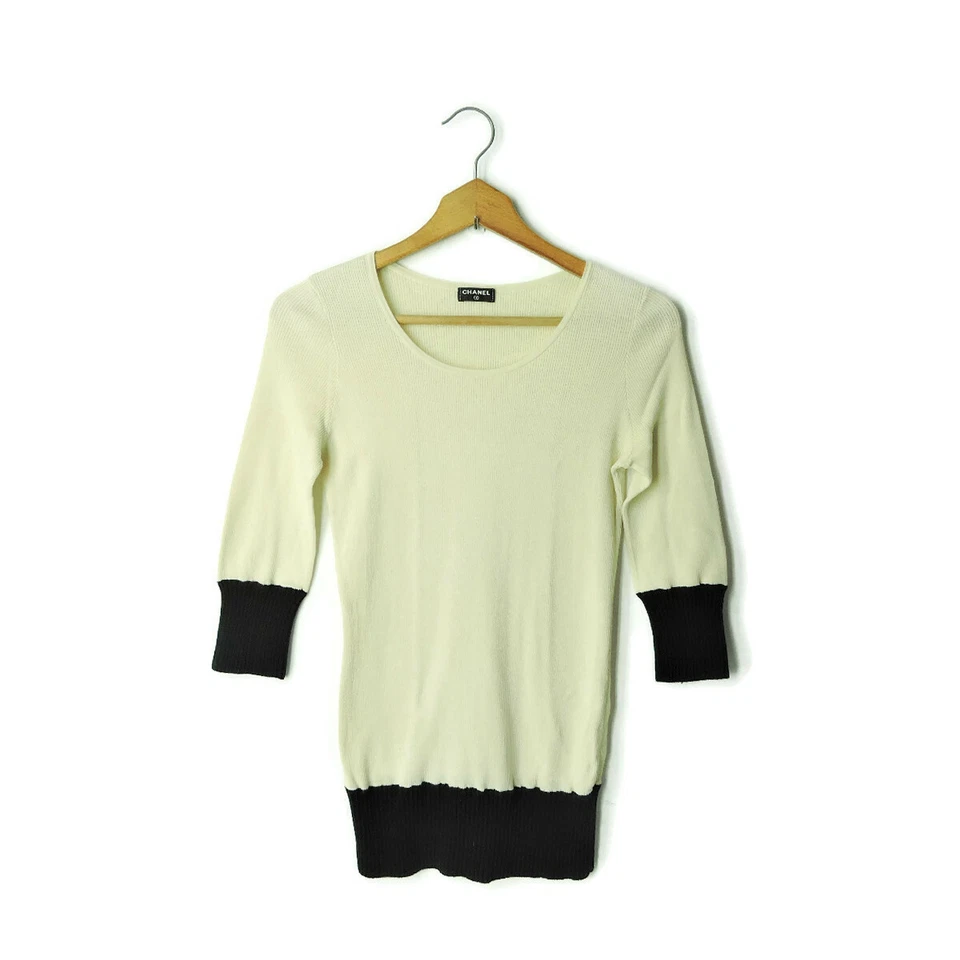 CHANEL 2 piezas Twinset Suéter Superpuesto Top Logo CC 36 4 S Crema Negro 2012 Primavera Foto 3 de 4