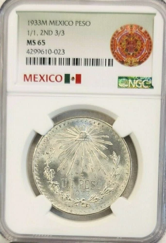 1933 MEXICO SILVER 1 PESO 1/1 2ND 3/3 NGC MS 65 PQ RARE GEM SCARCE VARIETY