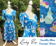 Lindy Bop 'Camilla Blue Teacups' 🧁Dress 👗 Ocean BLUE, Fit & Flare UK 12 VGC