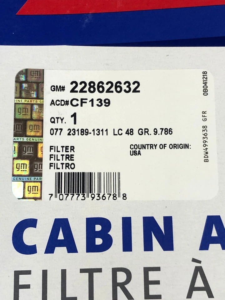 ACDELCO GM CF139 OEM CABIN AIR FILTER FOR 2005-2019 CHEVROLET CORVETTE & Z06 - Image 4 of 4