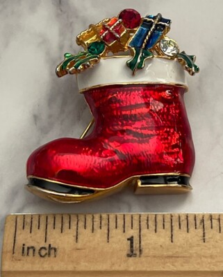 Vintage Christmas Pin Brooch Enamel Santa Boot Rhinestone Holiday