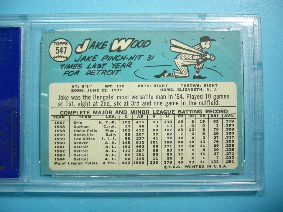 1965 TOPPS MLB HIGH NUMBER BASEBALL CARD #547 JAKE WOOD PSA 8 NM/MINT '65 GL - Image 4 of 4