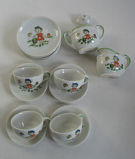 14 pc Vtg Made in Japan toy porcelain teaset Girl w hat  basket butterfly flora