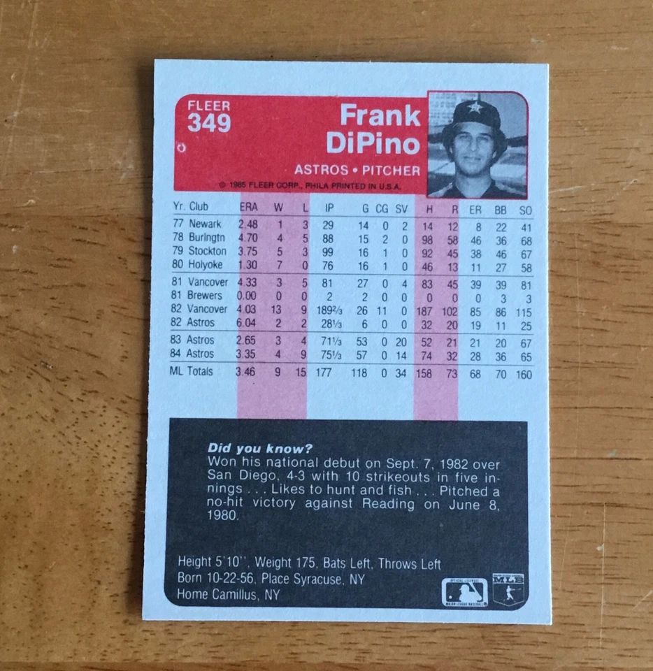 Frank DiPino Houston Astros Signed Autograph 1985 Fleer Baseball Card - Image 2 of 2