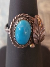 NATIVE AMERICAN STERLING SILVER BLUE TURQUOISE LEAF FLOWER MOTIF RING Size 5