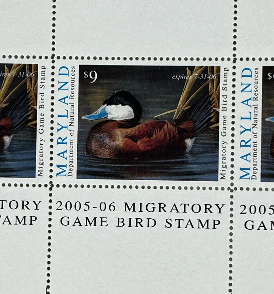 2005-06 Maryland Migratory Game Bird Stamp $9 - Canvasback Duck FULL SHEET Block - Image 3 of 4