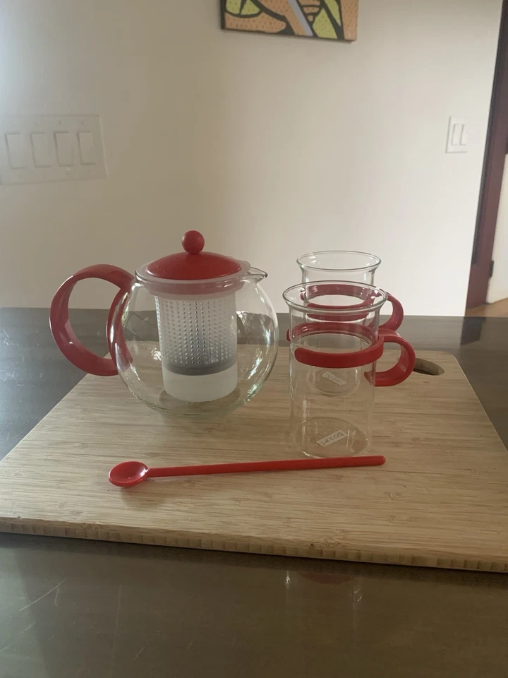 BODUM ASSAM TEA PRESS SET CUPS SPOONS - RED, 70TH ANNIV.BISTRO RETRO ATOMIC - Image 2 of 3