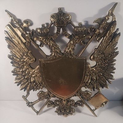 Vintage Brass Double-Headed Eagle Heraldic Wall Plaque Decorative Coat of Arms