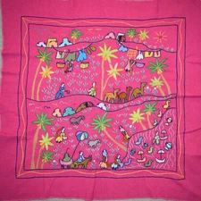 Folk Textile Wall Art, Village Scene Hand Embroidery,Tablecloth - Fabric