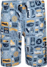 Hurley Boys' Printed Pull On Swim Trunks Blue/stickers XL NEW