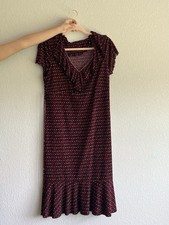 Elementz Burgundy Ruffle Neck Midi Dress | Retro Print | Short Sleeve V-Neck