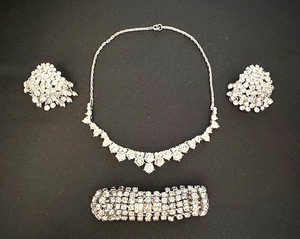 Lot of 3 Vintage Matching Clear Rhinestone Necklace /Pierced Earrings /Bracelet