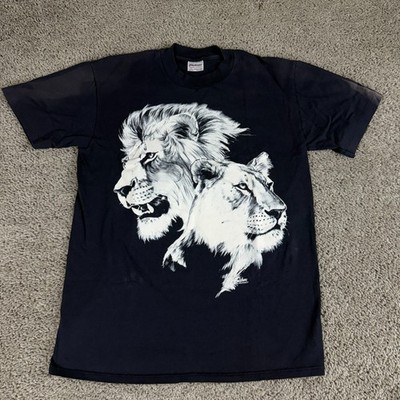 VINTAGE Lions Wildlife Shirt Mens Medium Black Made in USA Harlequin 80s Stedman
