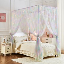 Pink Rainbow Bed Canopy for Girls Kids, 4 Corner Post Romantic Princess Canop...