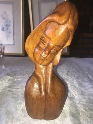 Vintage MCM Carved TEAK Wood LADY Woman in WAITING Bust SCULPTURE Souvenir 8'' T