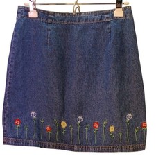 Vintage Route 66 Denim Mini Skirt with Floral Embroidery Size Small
