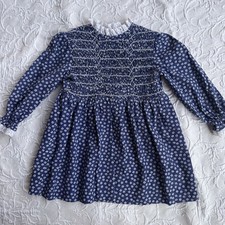 Vintage POLLY FLINDERS Girl Dress 3T/4T Smocked Long Sleeve Blue Floral