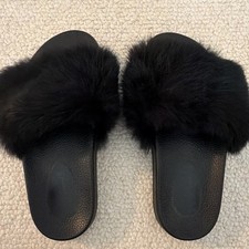 Women s Black Fur Slide Sandals US 6 Slip-On Solid Fur Upper Fur Trim