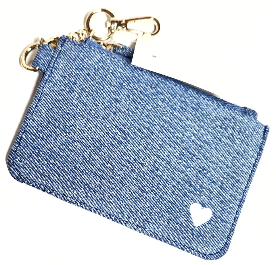 J.Crew Factory Chambray Heart Card Wallet Bag Charm Seaside Blue Multi CG527 NWT - Image 4 of 4