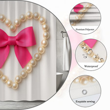 Cute Pink Bow Shower Curtain with Pearl Heart Design
