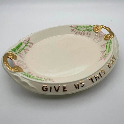 Vintage Give Us This Day Our Daily Bread Ceramic Tray Gold Trim Floral 12 Inch
