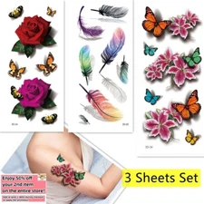 Set of 3 - Waterproof Temporary Tattoo Stickers Butterfly Flower Arm & Body Art