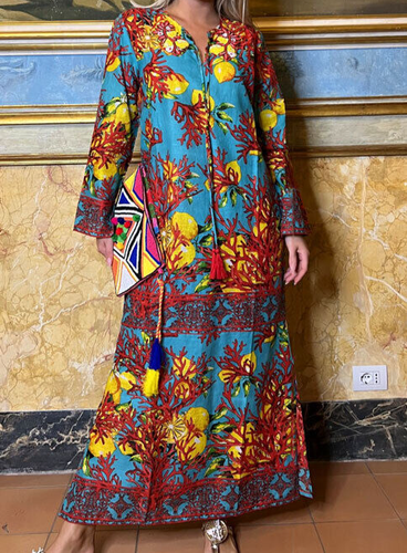 ANTICA SARTORIA 2023 ZITRONEN & KORALLE PERLENMUSTER LANGER MUMU/KAFTAN/KLEID NEU MIT ETIKETT L/XL