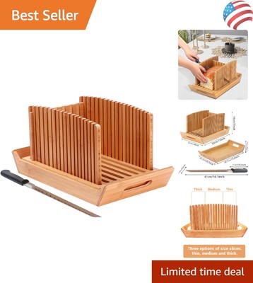 Elegant Bamboo Bread Slicer with Adjustable Thickness & Crumb Catcher 3 Sizes