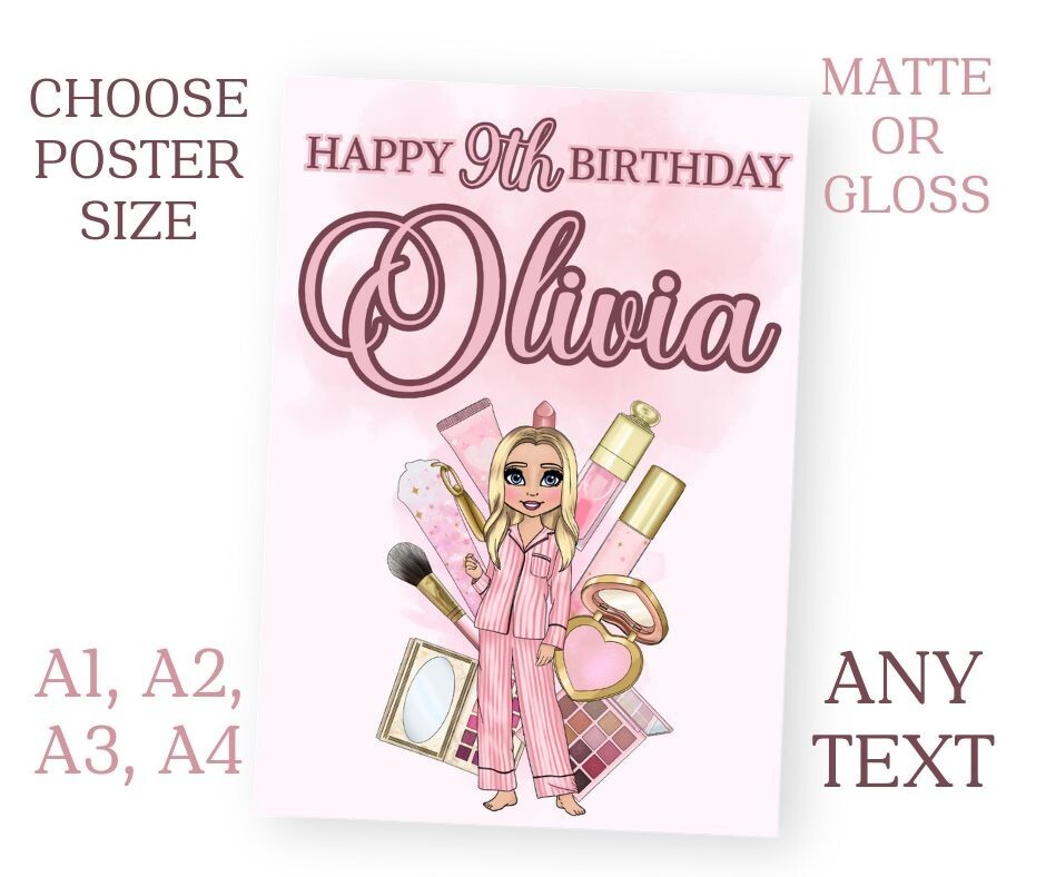 Personalised Makeup Theme BLONDE HAIR Party Sign POSTER Banner Add Name A1 A2 A3