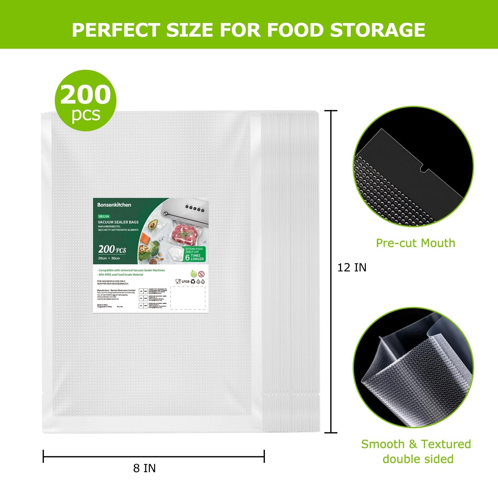 200 Vacuum Sealer Bags 8X12" Quart Food Vacuum Sealer Bag, Storage and