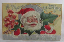 Antique Merry Christmas Postcard Very Happy Smiling Santa Claus Holly&Berry
