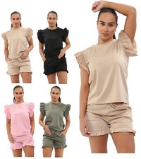 Women's Shorts 2PCS Co ord Set Tracksuit Ladies Frill Peplum Short Sleeve Top UK