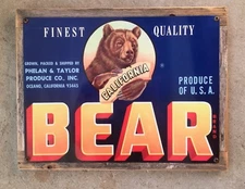 Bear Brand California Grizzly Fruit Crate Label Art Gay Bar Man Cave Steel Sign