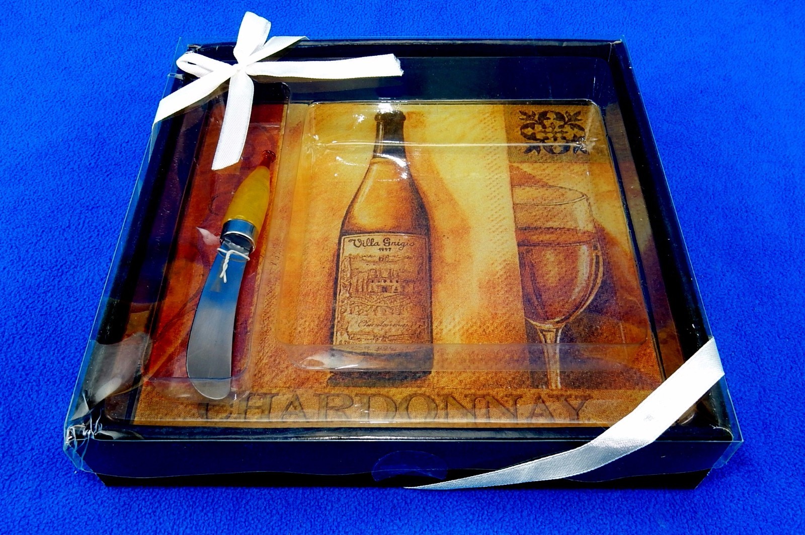 Glass Cheese Board & Knife Set Chardonnay Tuscany, Gift Box w/Ribbon