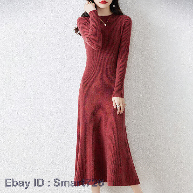 chinese dress ladies Gray Black Winter Crew Neck Knit Sweater Midi A-line Dress main image 1
