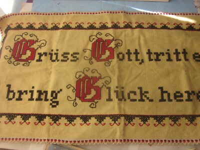 2524 Spruchtuch Leinen 43x92cm gestickter Spruch Grüß Gott tritt ein bring Glück