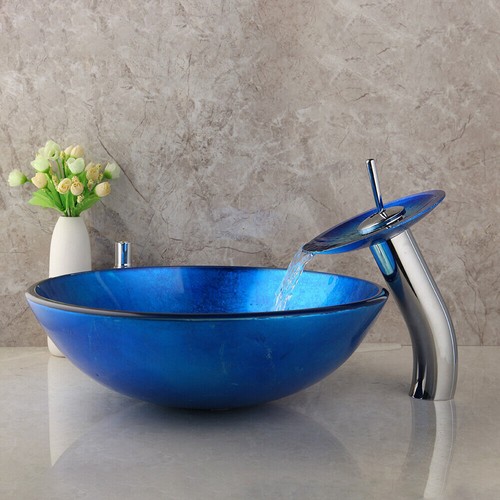 US Bathroom Tempered Glass Vessel Sink Round&Oval Bowl Mixer With Faucet Set Tap - Picture 17 of 59
