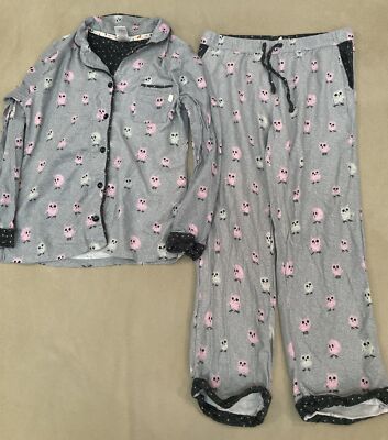 Munki Munki Pajama Set Womens Size Medium Flannel Pant Long Sleeve Grey  Pink Owl