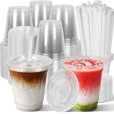 Charmount 50 Sets- 12 oz Clear Plastic Cups with Lids and Straws, Disposable...