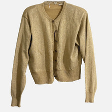 Vtg 80's Disco Gold Lam'e Cardigan Sparkle Long Sleeve Button V-NeckClub M/L