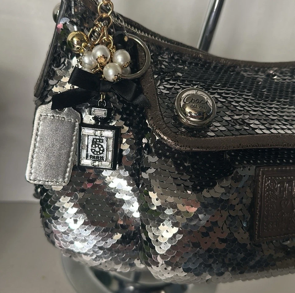 Bolso Bandolera/Hombro Coach Amapola Plateado Lentejuelas Cartera Vintage Foto 3 de 4