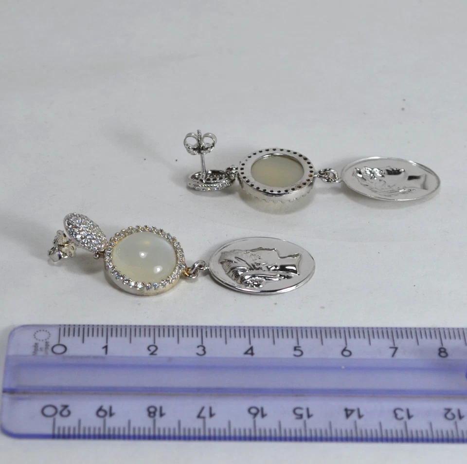 ORECCHINI IN ARGENTO 925 CABOCHON  PIETRA DI LUNA PENDENTI  ZIRCONI     AGHT 056 - Immagine 3 di 3