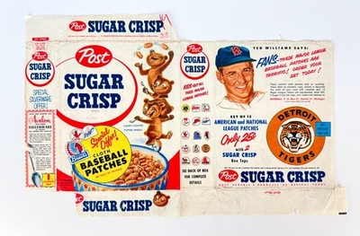 Vintage 1954 Post Sugar Crisp Cereal Box Wax Paper Wrap TED WILLIAMS BASEBALL