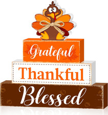 Fall Wooden Table Sign,Thanksgiving Turkey Wooden Blocks Table Decor, Blessed Gr