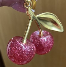 Cherry Bag Charm KeyChain pink Glitter resin alloy gold tone metal XL
