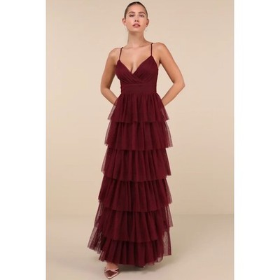 Lulus Rule The Runway Burgundy Tulle Tiered Maxi Dress M Prom Formal Gown HCO