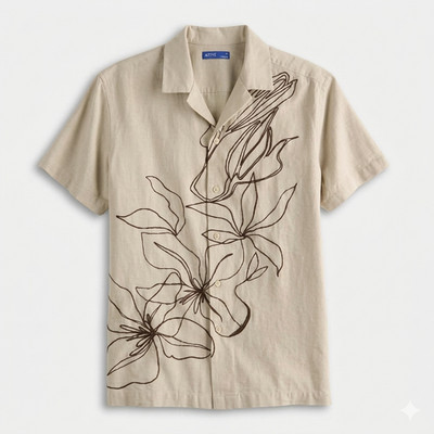 Men's-Resort Shirt--Apt. 9-Embroidery-Beige/Brown-Cotton/Linen-Size XXL